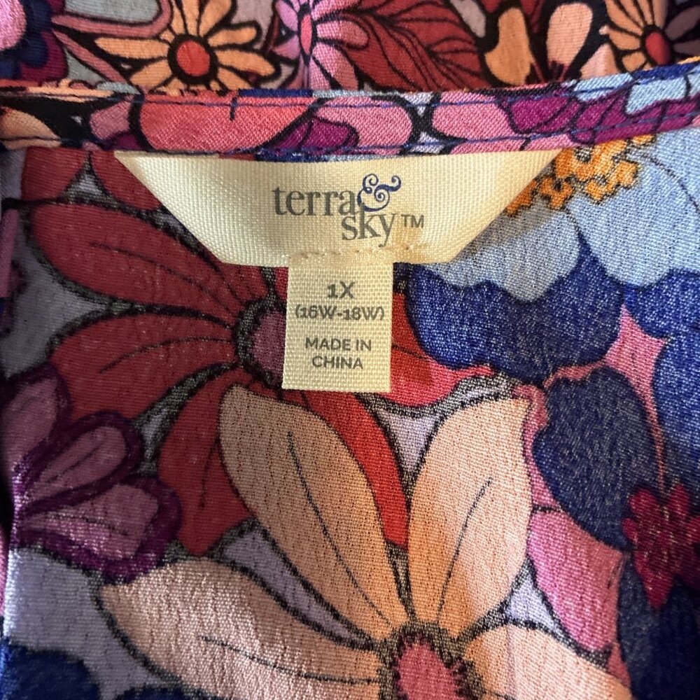 Terra & Sky Womens 1X Floral Boho Blouse Smocked Top Plus Size Multicolor - Picture 5 of 7